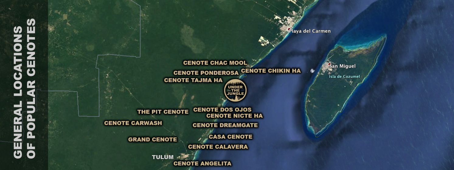 Under the Jungle, Where Are Cenotes, Cenote Map, Cavern Diving Site Map, Where to Dive Cenotes, Where to Cavern Dive
